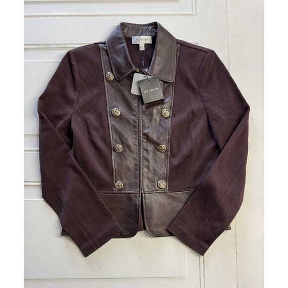 NWT $1495 St John Collection Brown Size 8 Wool Blend Leather Silk Jacket - Picture 1 of 8